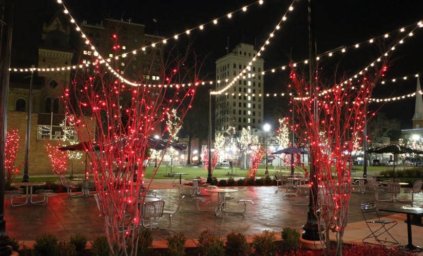 Downtown Jackson, MI park in holiday lights